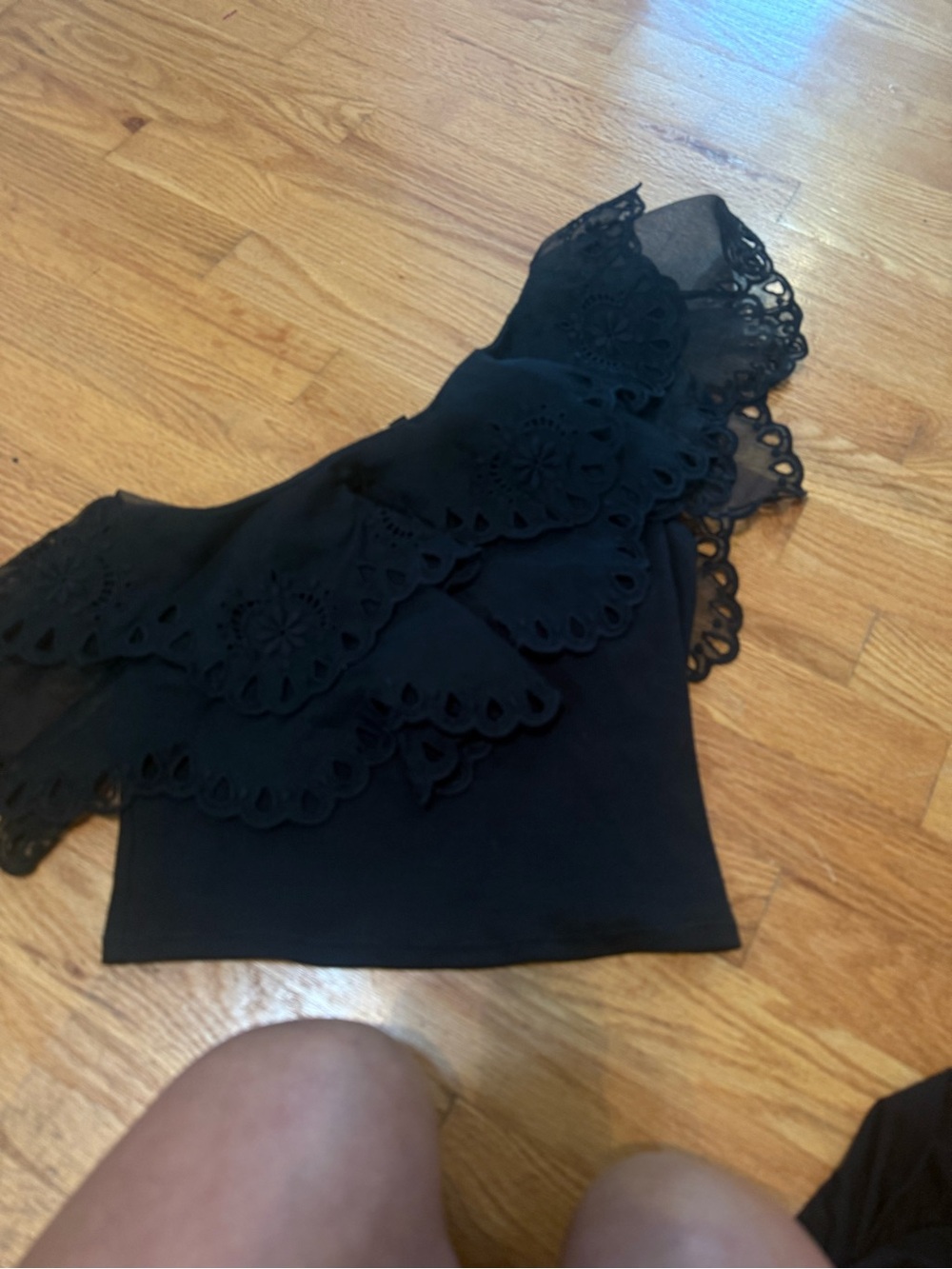 Express Black One-Shoulder Ruffle Eyelet Crop Top